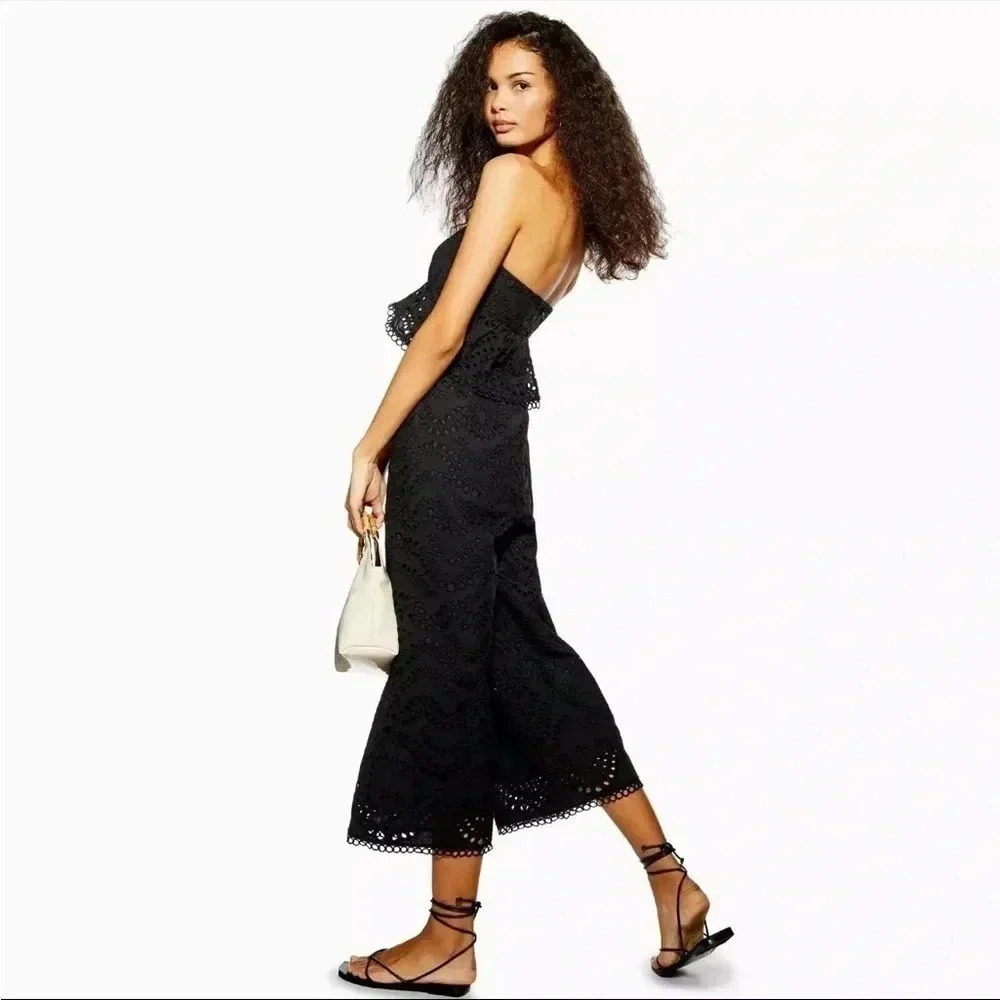 Topshop Midnight Black Eyelet Cropped Wide-Leg Jumpsuit Party Holiday Size 10